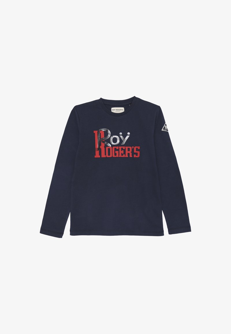 T-shirt a maniche lunghe blu navy in cotone, con un design grafico rosso e argento che presenta il testo "Roy Roger's" e un logo triangolare sulla manica.