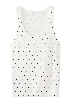 White sleeveless top with black polka dots, scoop neckline, and a straight hem.