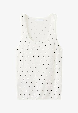 Weißes ärmelloses Oberteil mit schwarzen Punkten, Rundhalsausschnitt und geradem Saum.