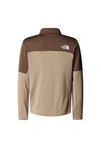 Pulover cu mâneci lungi, maro și bej, având un guler cu fermoar, material texturat și un logo alb în partea superioară a spatelui.