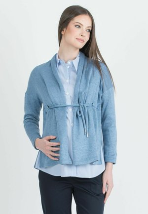 Cardigan lavorato a maglia azzurro chiaro con cintura, apertura anteriore e maniche lunghe, indossato sopra una camicia a righe blu e bianche. Texture morbida.