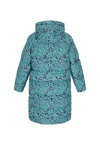 Přechodný kabát v tyrkysové barvě s černo-červeným leopardím vzorem. Má kapuci a dlouhé rukávy, volný, nadrozměrný střih.