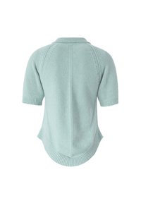Svijetloplavi kratkotrajni pleteni pulover s ovratnikom, s teksturiranim uzorkom i blago asimetričnim rubom.