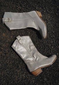 Botas de tobillo plateadas metálicas con una textura suave, punta afilada y tacón de bloque de madera. Cuenta con un detalle de correa lateral y un diseño elegante.