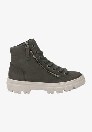 High-top gray leather boots with a side zipper, lace-up front, and textured rubber sole featuring chunky traction.