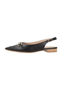 Sandal in pelle nera con punta affusolata, tacco sottile, dettaglio in hardware dorato e decorazioni cucite sulla parte superiore.