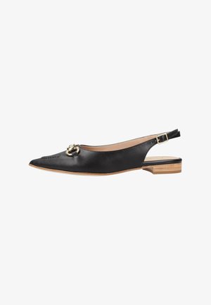 Schwarze Leder-Slingback-Schuhe mit spitzer Zehe, dünnem Absatz, goldenen Hardware-Details und gesteppten Akzenten im oberen Bereich.