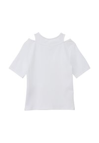 Weißes Kurzarmoberteil mit offenem Schulterdesign, glatter Textur und hohem Halsausschnitt für einen klaren, minimalistischen Look.