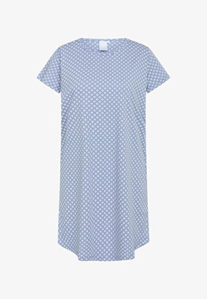 Rochie cu mânecă scurtă, de lungime până la genunchi, din bumbac albastru deschis, cu un model geometric alb. Decolteu rotund și croială dreaptă, cu tiv rotunjit.