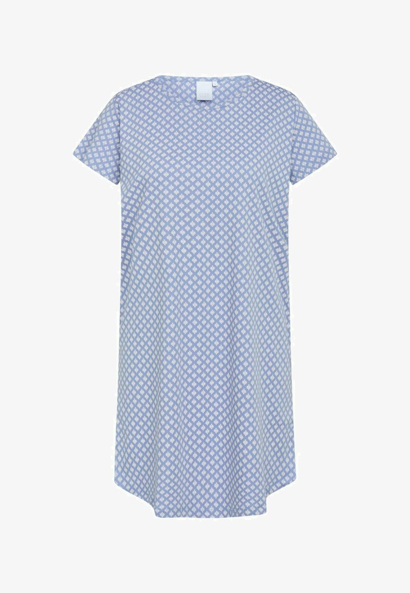 Krátký rukáv, šaty po kolena z světlého modrého bavlny s bílým geometrickým vzorem. Kulatý výstřih a rovný střih s zaobleným lemem.