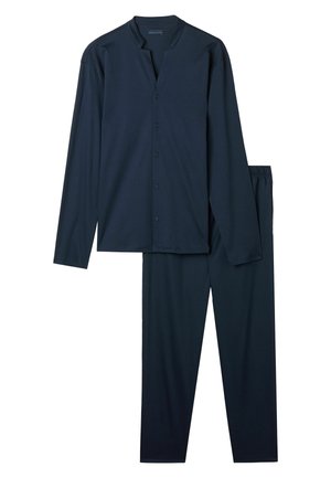 Navy blue long-sleeve button-up shirt with a mandarin collar paired with matching elastic waistband pants, made from soft, breathable fabric.