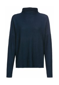 Donkerblauw geribbelde coltrui met lange mouwen en een losse pasvorm; heeft een strakke kraag en rechte zoom. Zachte textuur.