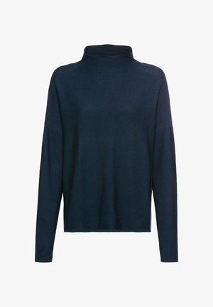 Navyblå ribbede turtleneck sweater med lange ærmer og en afslappet pasform; har en tætsiddende krave og lige nederdel. Blød tekstur.