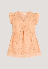 Blouse couleur pêche avec un design en œillets, manches courtes à volants, décolleté en V et détail froncé à l'avant. Ourlet festonné ajoutant de la texture.