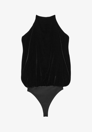 Czarny welurowy body z wysokim dekoltem, bufiastym topem i dopasowanym dnem thong. Gładka tekstura i bezszwowy design.