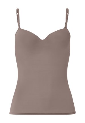 Glat, taupefarvet tætsiddende camisole med formede skåle og justerbare tynde skulderstropper på hvid baggrund.