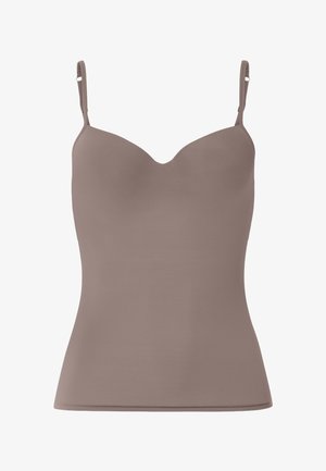 Glat, taupefarvet tætsiddende camisole med formede skåle og justerbare tynde skulderstropper på hvid baggrund.