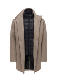 Manteau en laine marron avec une doudoune intérieure noire, doté d'un col montant, de coutures verticales et d'un devant boutonné.