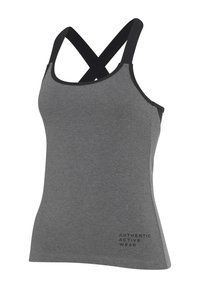 Gray athletic tank top with black straps, featuring a racerback design and "AUTHENTIC ACTIVE WEAR" printed in black on the lower front.