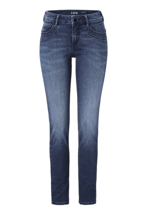 Dunkelblaue Jeans mit schmalem Schnitt, Fünf-Taschen-Design und leichter Ausbleichung an den Oberschenkeln. Hergestellt aus Denim mit glatter Textur.
