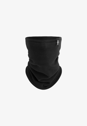 Black neck gaiter made of soft, stretchy fabric, with a smooth texture and a logo tag on the side. Designed for warmth and comfort.
