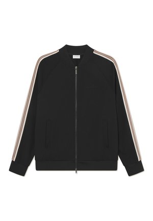 Giubbotto bomber nero con chiusura frontale a zip, polsini a coste e due tasche laterali; decorato con strisce crema e rosa lungo le maniche.