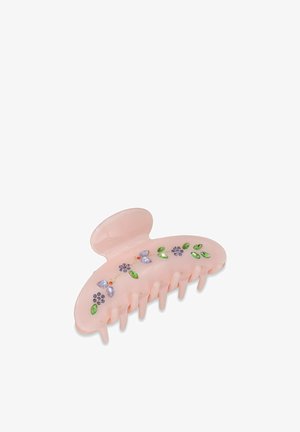 Clips per capelli in plastica rosa a forma ovale, con decorazioni floreali in viola, verde e arancione, dotati di sei denti per una presa sicura.