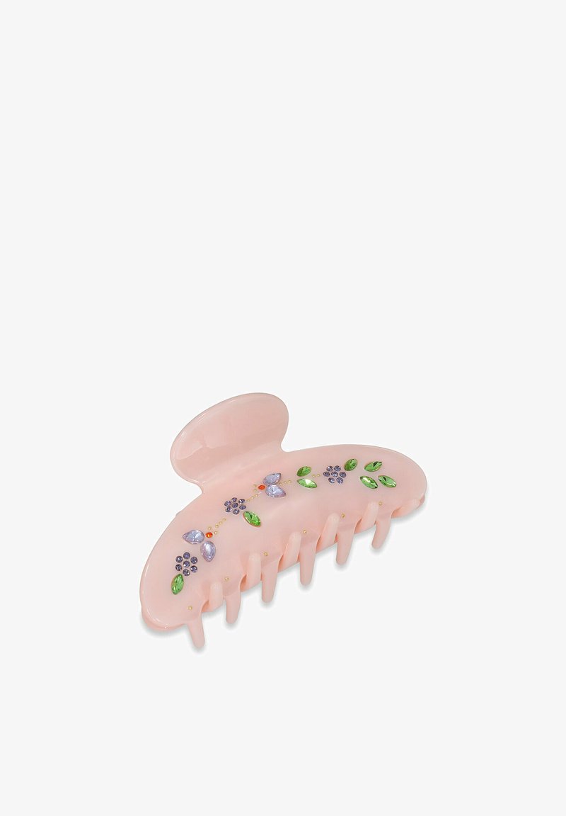 Roze plastic haarclip in een ovale vorm, voorzien van decoratieve bloemaccenten in paars, groen en oranje, met zes gripvingers.