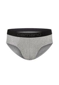 Grijze katoenen slips met een zwarte elastische tailleband waarop het merk "camano" in zwarte letters is weergegeven, ontworpen voor comfort en steun.