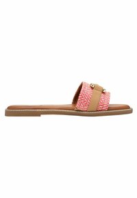 Vaaleanpunaiset ja beige slid sandaalit, joissa on kudottu tekstiilipinta, tasapohja, kultasävytetyt koristeet ja kontrastivärinen ommel ulkoreunassa.