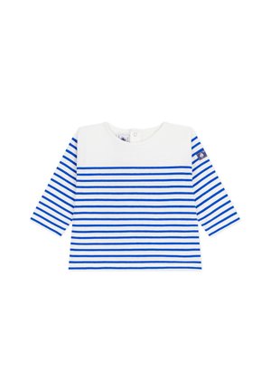 Baltos ir mėlynos spalvos dryžuotas marškinėliai ilgomis rankovėmis. Turi apvalų kaklo iškirpimą, mėlynas juostas ir mažą logotipo lopelį ant rankovės. Pagaminti iš minkštos medvilnės medžiagos.