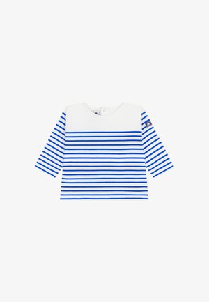 Μακρυμάνικο ριγέ πουκάμισο σε λευκό και μπλε. Διαθέτει στρογγυλό λαιμό, μπλε ρίγες και ένα μικρό λογότυπο στο μανίκι. Απαλό βαμβακερό υλικό.