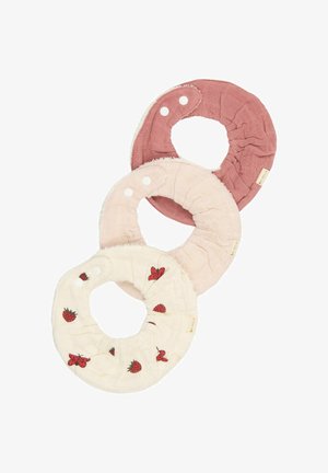 Set of three fabric hair scrunchies in dusty rose, soft pink, and cream. Cream features a strawberry print; edged with soft, textured fabric.
