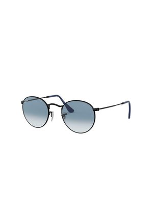 Occhiali da sole rotondi con montatura in metallo nero, lenti blu sfumate e dettagli argentati. Presentano asticelle nere sottili con punte blu.