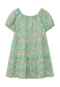 Robe florale verte à manches bouffantes courtes, ornée de fleurs roses et blanches. Design à volants avec un tissu texturé. Encolure carrée.