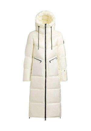 Lang hvit pufferjakke med hette, med glidelåslukking og to glidelåslommer foran. Teksturt quiltet design og svarte detaljer.