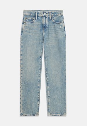 Light blue denim jeans with a straight leg design, five pockets, a button closure, and subtle fading throughout the fabric.