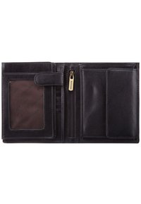 Black leather wallet featuring a cardholder, zip pocket, and multiple slots. Its smooth texture and sleek design enhance functionality.
