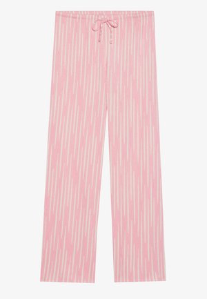 Roze loungebroeken met een verticale gestreepte patroon in licht roomkleur. Gemaakt van een zachte stof, voorzien van een elastische tailleband en een trekkoord.