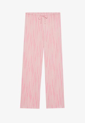 Rosa Loungehosen mit einem vertikalen Streifenmuster in hellem Creme. Aus einem weichen Stoff gefertigt, mit einem elastischen Bund und einer Kordelzug.