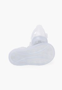 Transparent sandal with a rounded toe, open design, and multiple ventilation holes; features a textured sole for grip and flexibility.