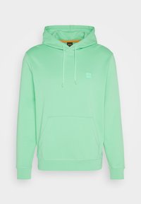 Felpa verde menta realizzata in tessuto morbido, con tasca a marsupio, cappuccio regolabile con cordino e un piccolo logo sul petto.