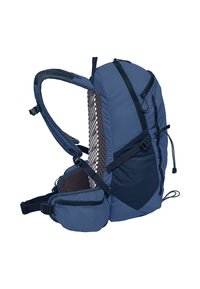 Blaue Tasche mit Netzrückenpanel und verstellbaren Trägern, ausgestattet mit mehreren Reißverschlusstaschen und einem schlanken, ergonomischen Design.