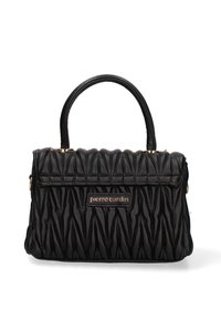 Borsa a tracolla nera trapuntata con una forma strutturata, dotata di manico superiore e con marchio in tonalità oro. Il materiale sembra liscio con una finitura testurizzata.