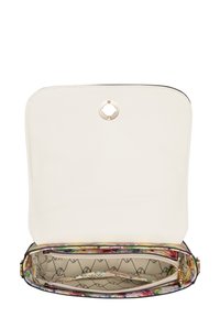 Una borsa a mano con motivo floreale, dalla forma strutturata, dotata di chiusura in metallo dorato e un interno crema con tasche.