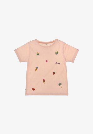 Light pink short-sleeve t-shirt with embroidered summer icons including coconut drink, pineapple, watermelon, ice cream, flip-flops, sunglasses, flower, strawberry, and palm tree.