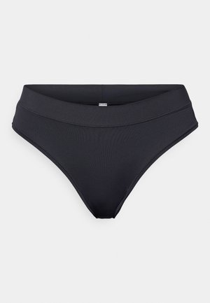 Black bikini bottom with a high-waisted design, smooth texture, and elastic waistband. Simple, minimalistic silhouette without patterns.