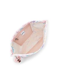 Floral-patterned fabric pouch in soft pastels, featuring a smooth interior with a zippered pocket and a fluffy pink charm attached.