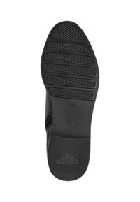 Semelle de chaussure noire avec une surface en caoutchouc texturée, présentant un motif de crêtes et de losanges pour l'adhérence. L'étiquette indique la taille 37.