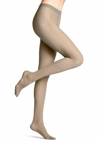 Beige gemusterte Strumpfhosen mit einem strukturierten Rautendesign, semi-transparent, mit einem bequemen Bund und Fußstyle.